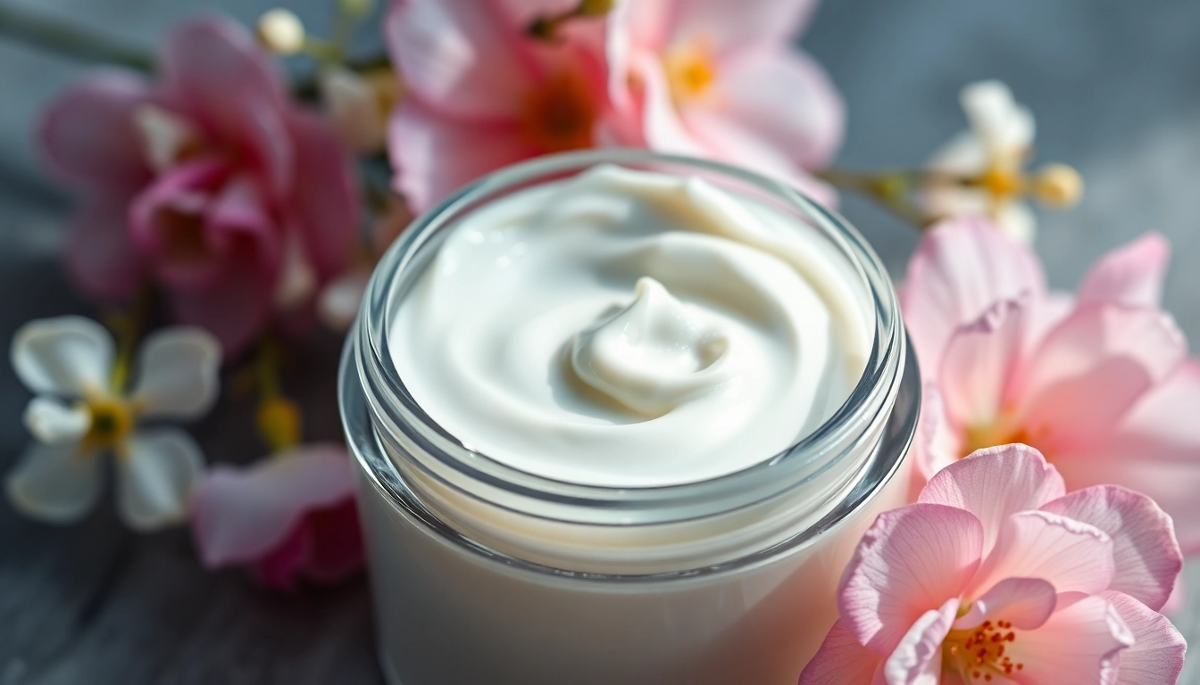 Elegant hand cream Supplier showcasing a creamy texture in a decorative jar surrounded by flowers.