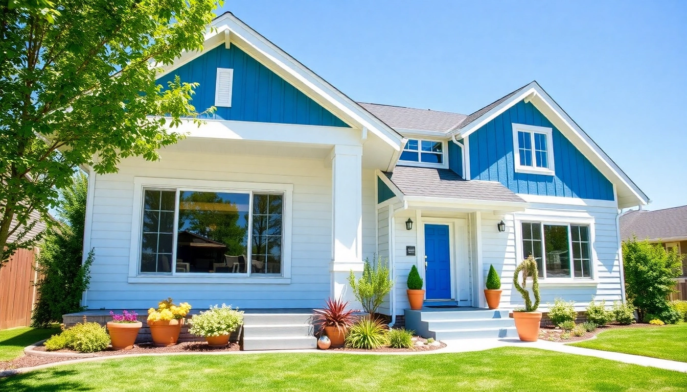 Enhance your home with professional exterior renovations, featuring modern blue and white siding and decorative potted plants.