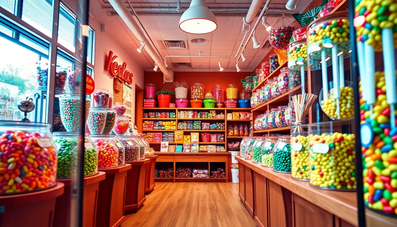 Find delightful treats at this candy store near me, featuring colorful candy displays and a warm, inviting ambiance.