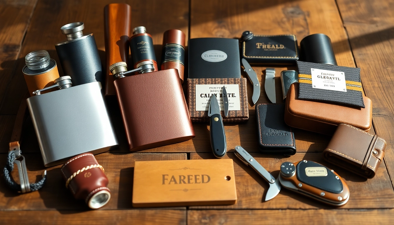 Display an assortment of cheap groomsmen gifts including engraved flasks and pocket knives set on a rustic table.