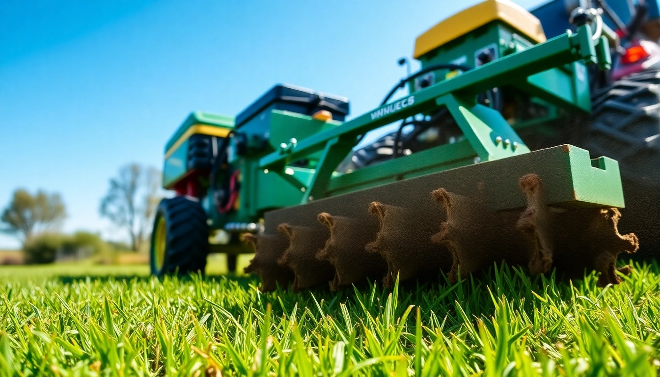 Core aeration process revitalizing a lush green lawn by removing soil plugs for better air flow.