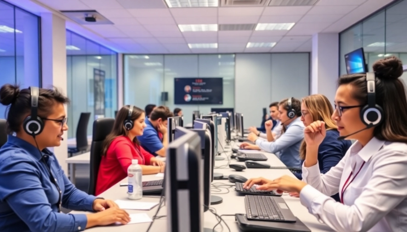 Engaging team of bilingual agents at a Tijuana call center collaborating on customer service.