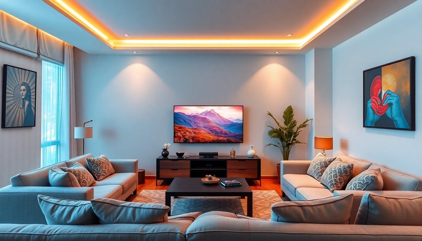 Experience IPTV Suisse in a modern living room with ambient lighting and a stylish TV setup.