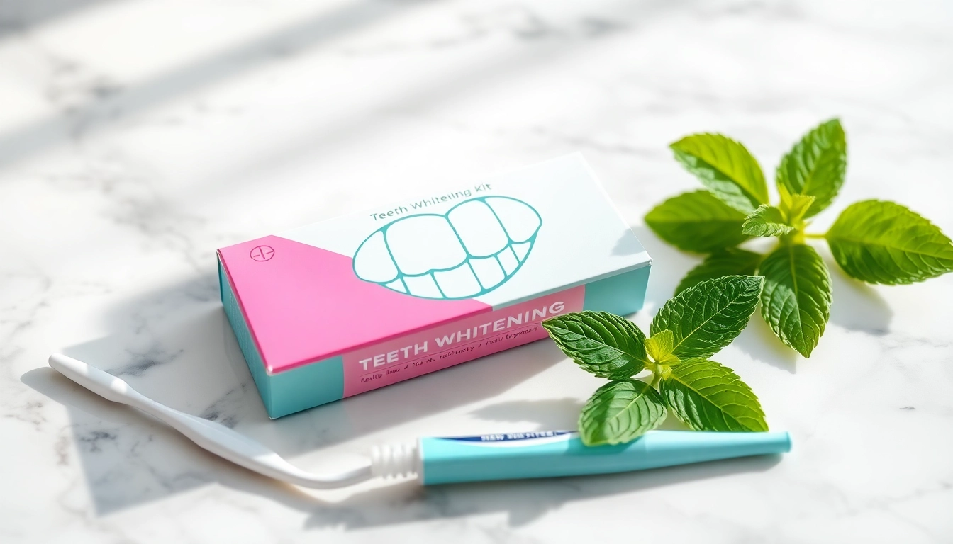 Using a teeth whitening kit with fresh mint leaves and dental accessories on a marble surface.