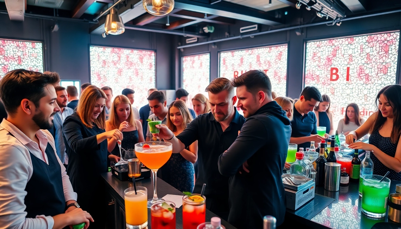 Learn cocktail mixing skills in an engaging cocktail kurs berlin, featuring vibrant drinks and joyful participants.