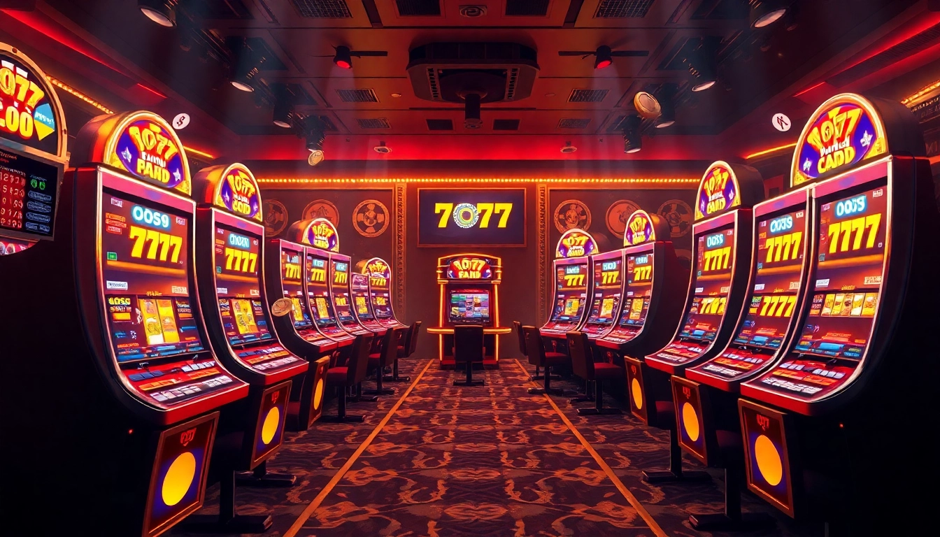 Play สล็อต777 at an exciting online casino featuring colorful slot machines and vibrant gaming atmosphere.