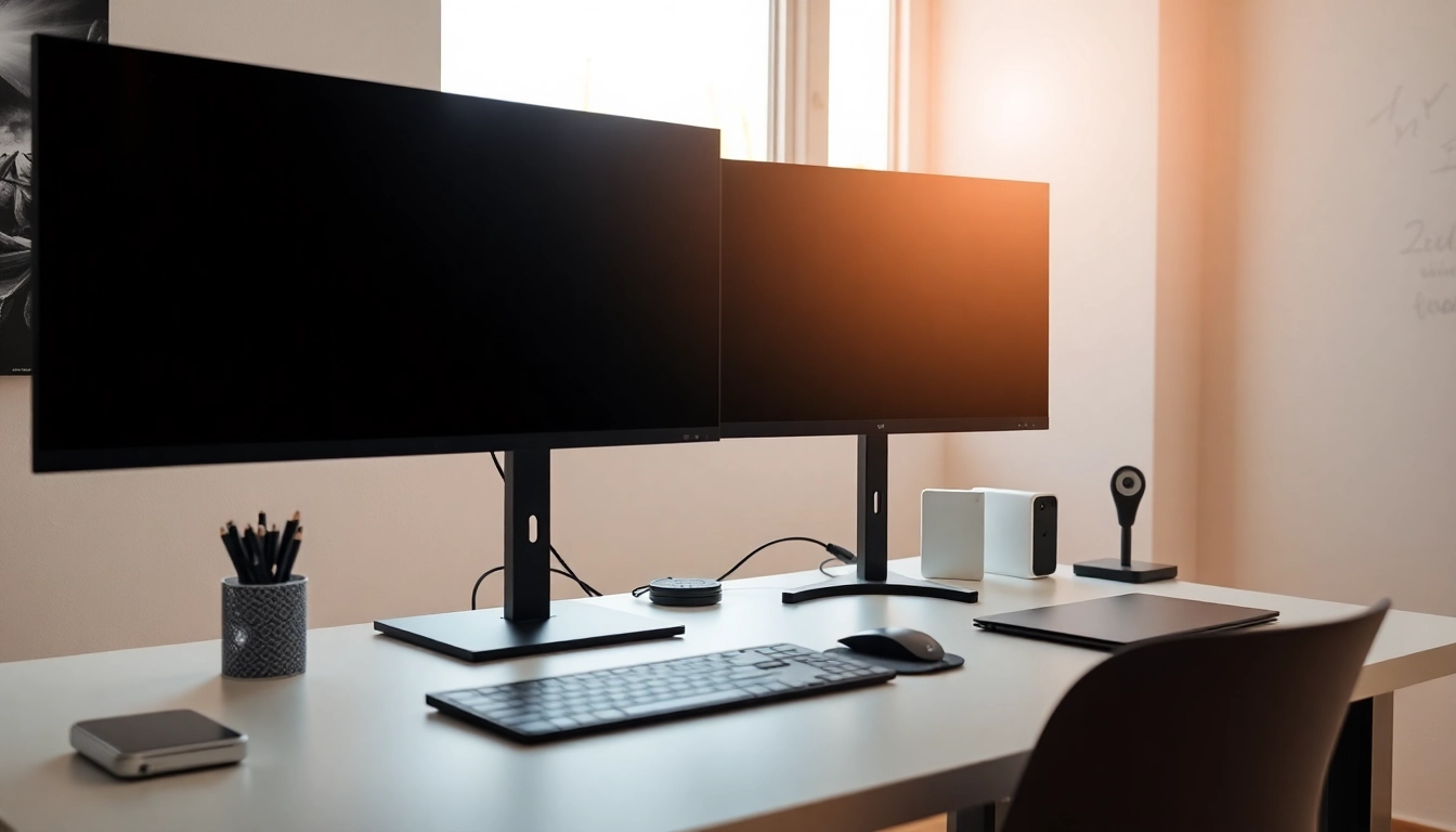 Set up a dual monitor install on a minimalistic desk with bright lighting and organized accessories.