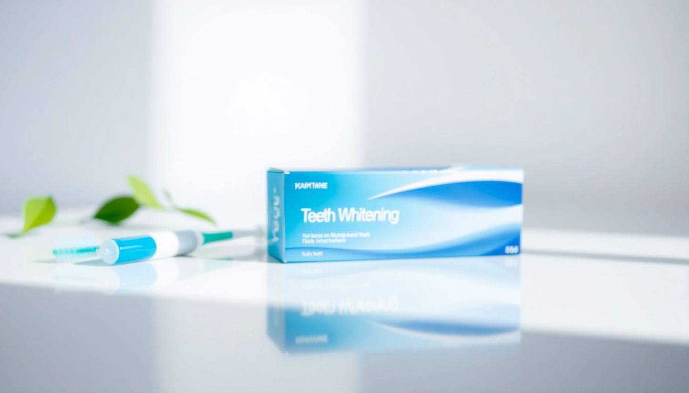 Showcase a teeth whitening kit displayed elegantly to highlight its effective whitening features.