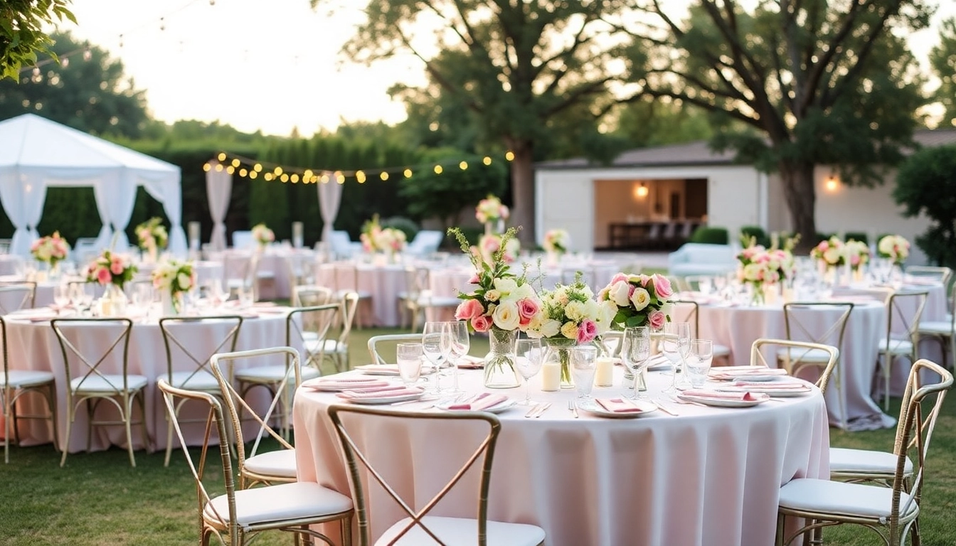 Elegant table rentals beautifully arranged for an outdoor event with floral decorations.