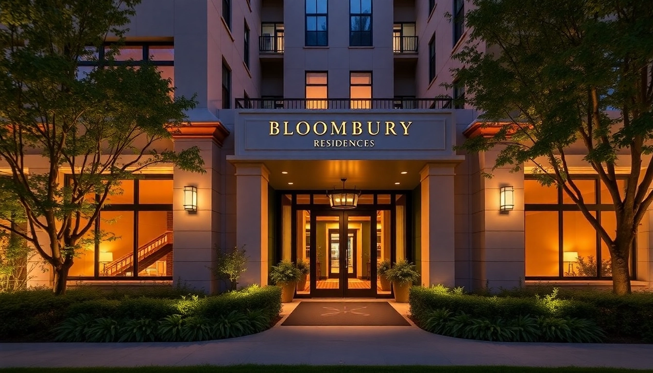 Experience the charm of Bloomsbury Residences with its stunning entrance and inviting ambiance surrounded by lush greenery.