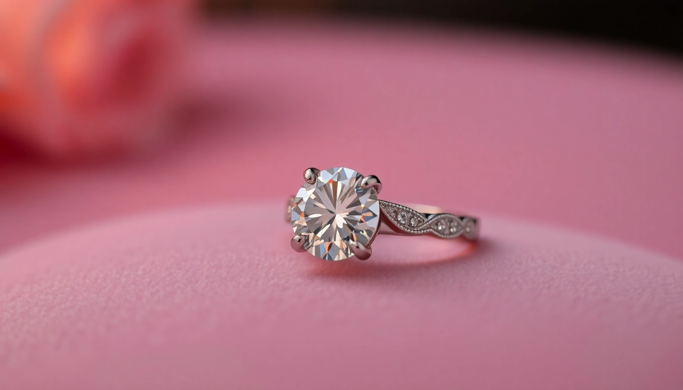 Admire this exquisite 3 Carat Engagement Ring with intricate details and brilliant sparkle adorning a velvet background.