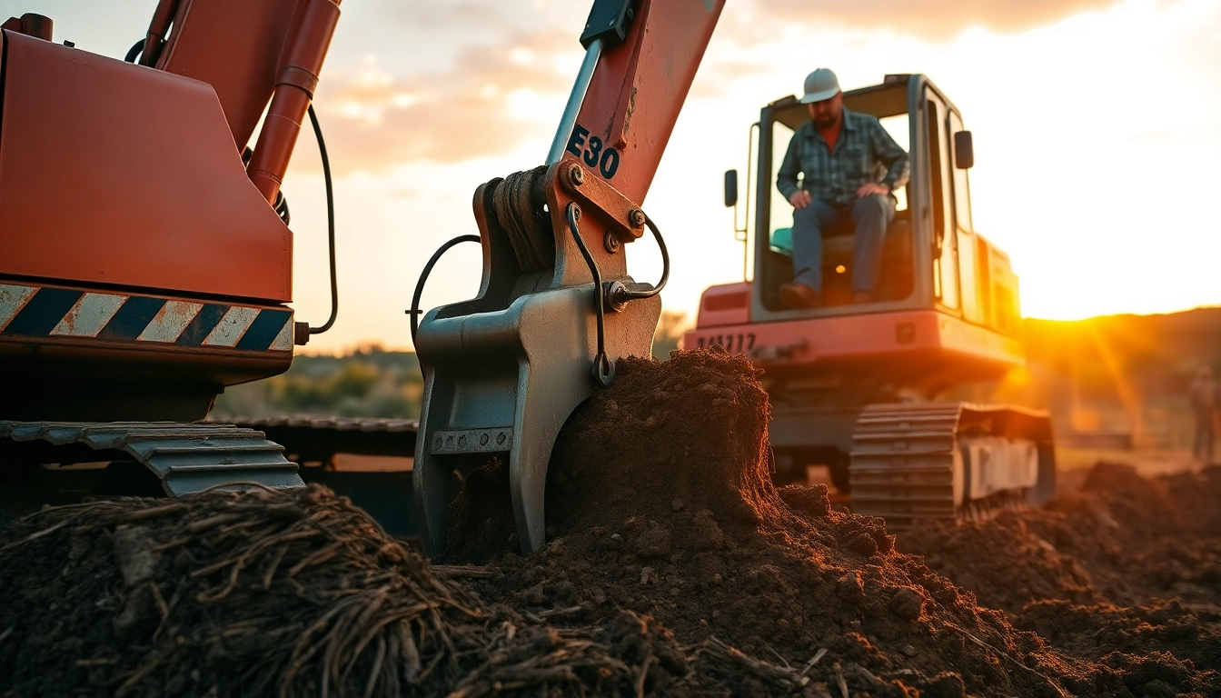 Operator using a stump removal excavator effectively to remove a tree stump from the ground.