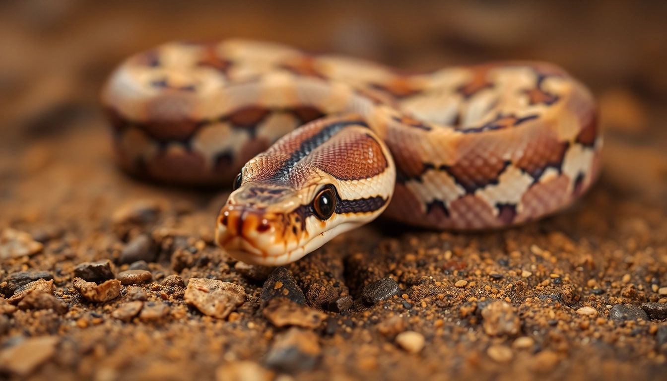 Observe a baby ball python showcasing its stunning patterns and vibrant colors, curled on textured bark.