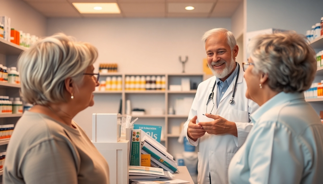 Carefully assistance at a Long Term Care Pharmacy through interactions with elderly patients by a friendly pharmacist.