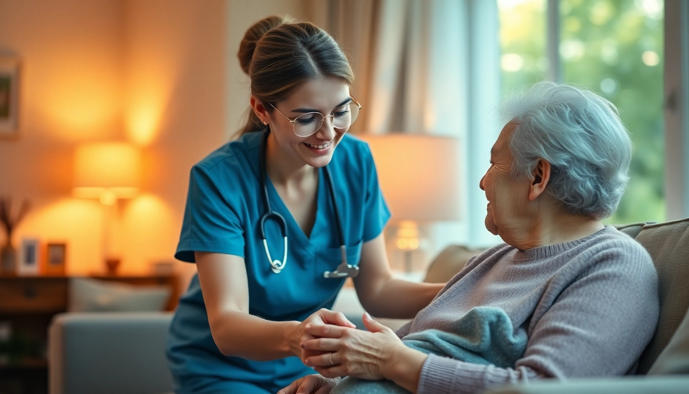 Highlighting the Most trusted Homecare agency through a nurse providing compassionate care to an elderly client.