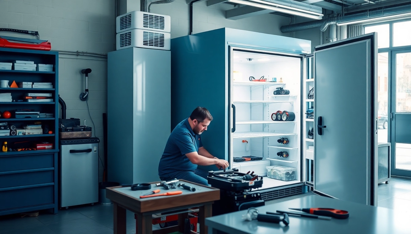 Technician performing walk in freezer repair with tools in a mechanical workspace.