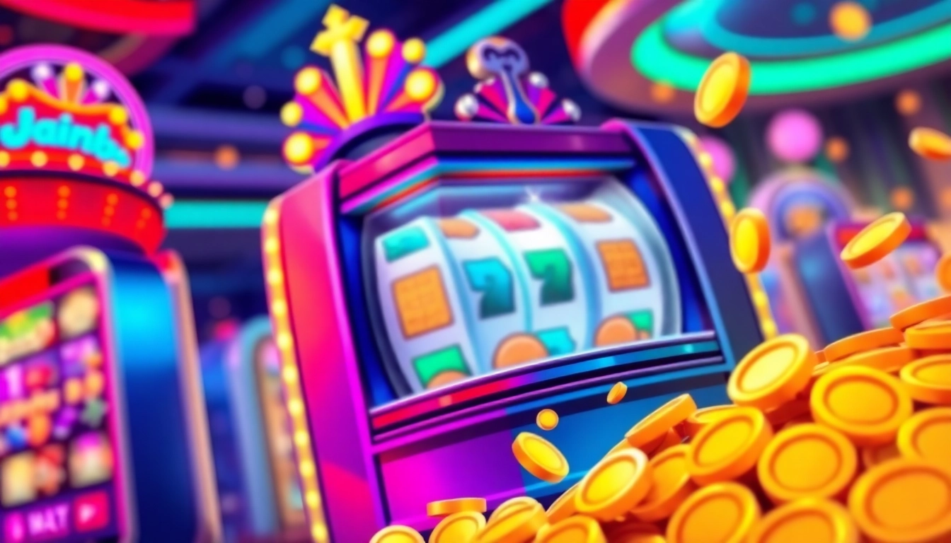 Spin the bright slot machine featuring vibrant lights and shiny coins for an exciting gaming experience.