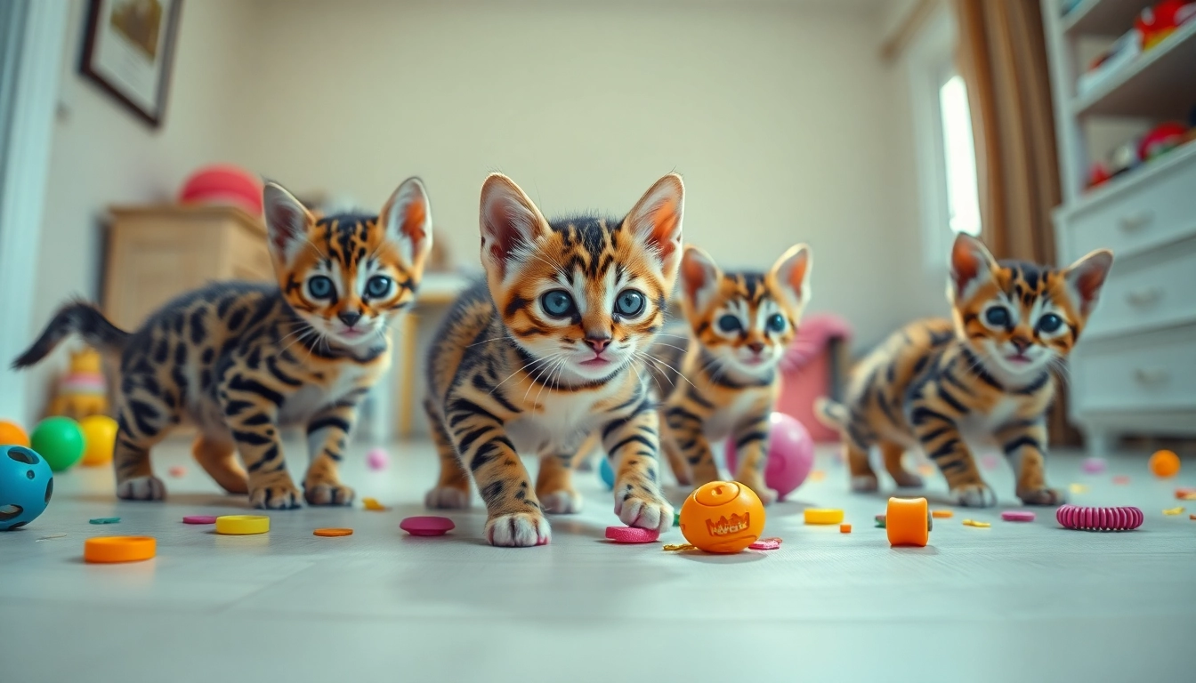 Bengal Kittens for Sale playing joyfully in a sunlit room filled with toys.