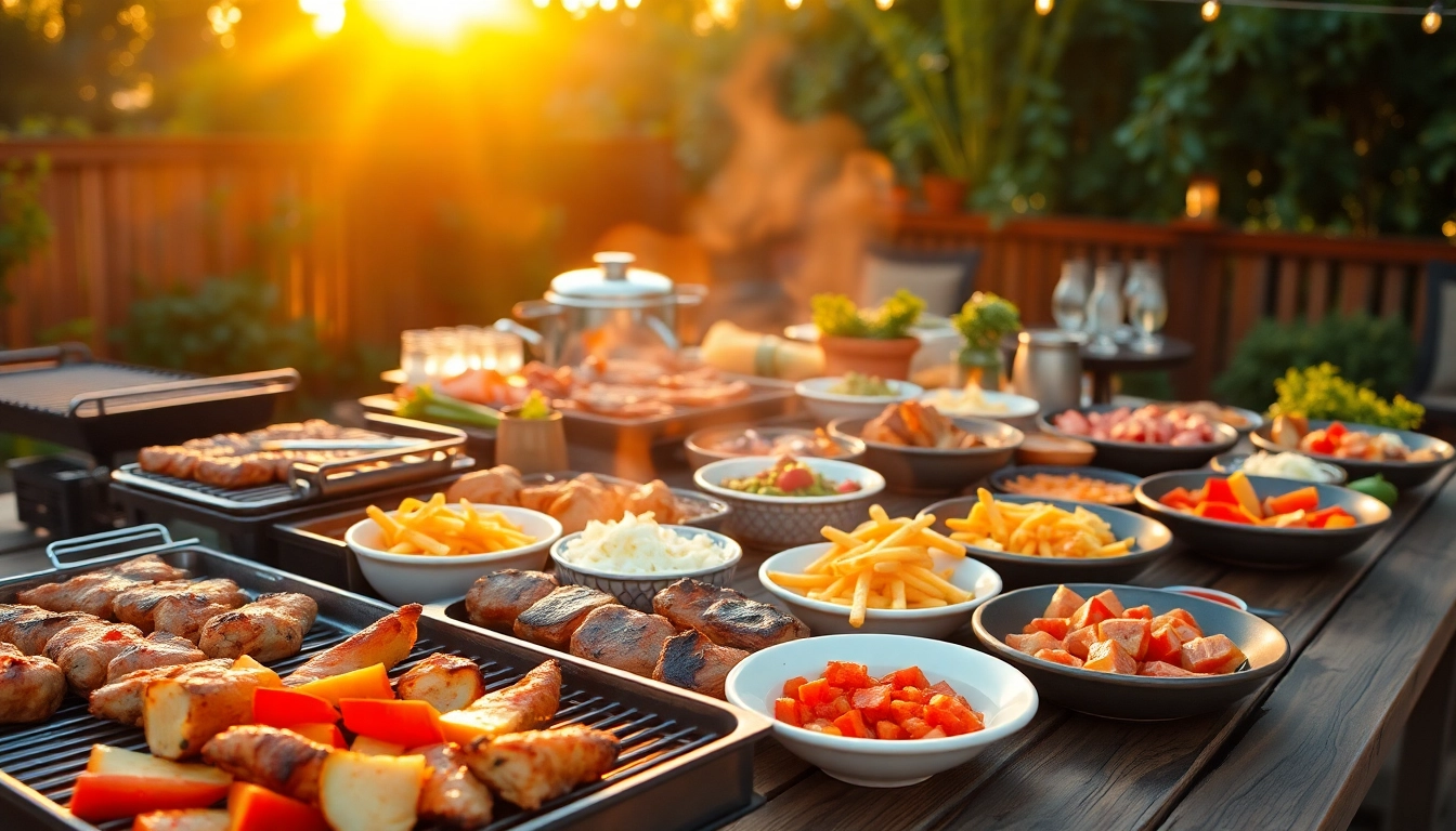 Experience Caterer für Grillbuffet und BBQ in Berlin with a lively outdoor BBQ setup featuring grilled meats and fresh sides.