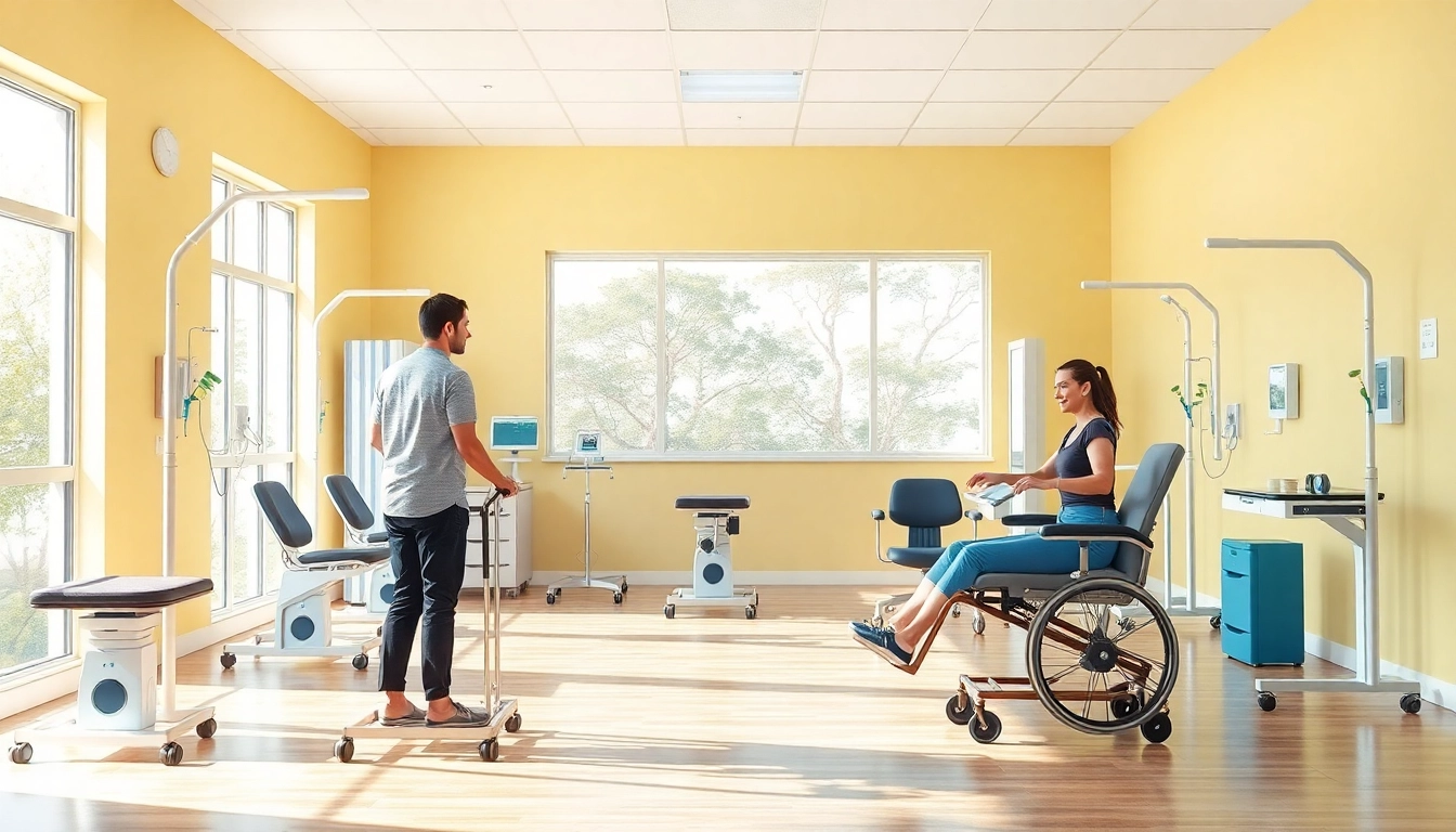 Active adults utilizing rehabilitation tools from a leading Rehabilitation Equipment Supplier in a bright therapy center.