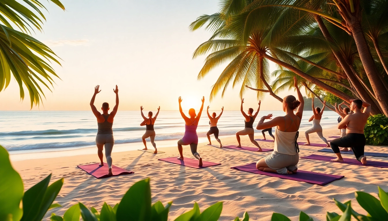 Engaging yoga session at a wellness retreat in Florida on a tranquil beach at sunrise.
