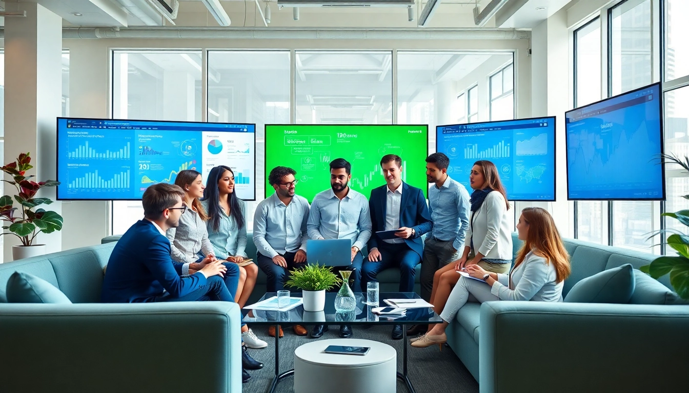 Engaging social media marketing team collaborating in a bright office environment.