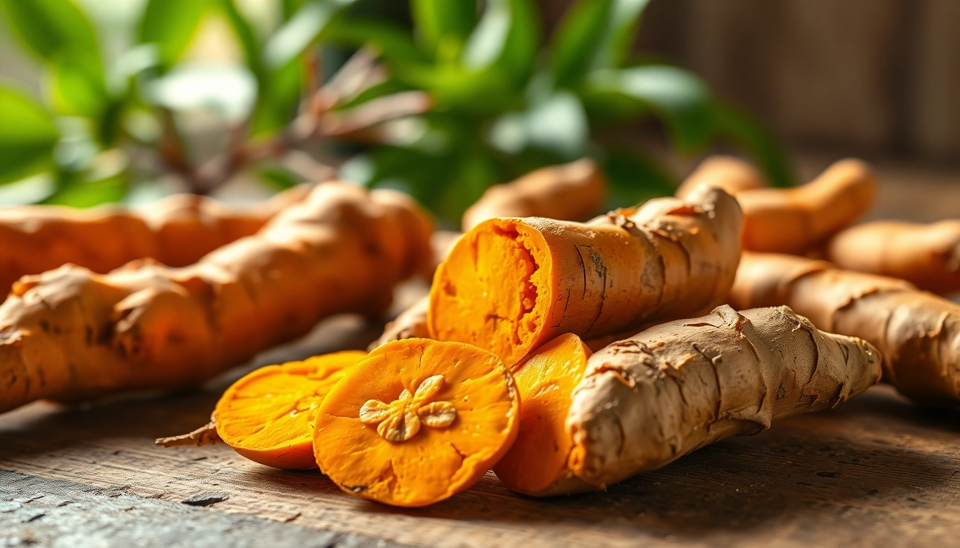 Fresh Turmeric Root displayed on rustic table, showcasing vibrant colors and intricate textures.