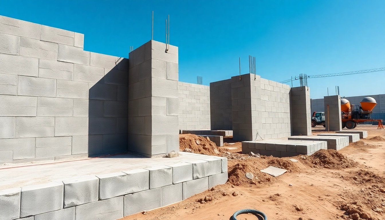 Builders reinforcing sturdy footing and Block walls at a construction site for durability.