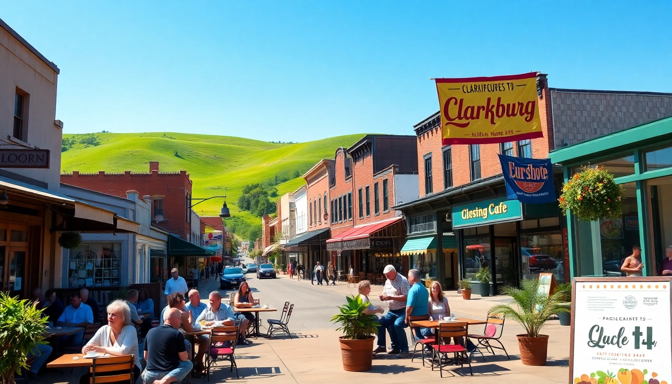 Clarksburg’s vibrant downtown cafe scene bustling with activity and surrounded by greenery.