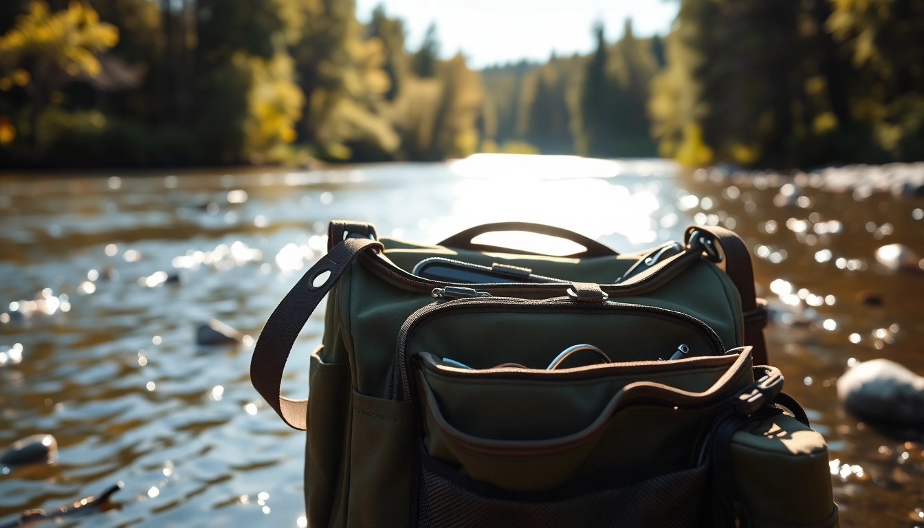 Explore a fly fishing bag showcasing its features in a serene outdoor setting.