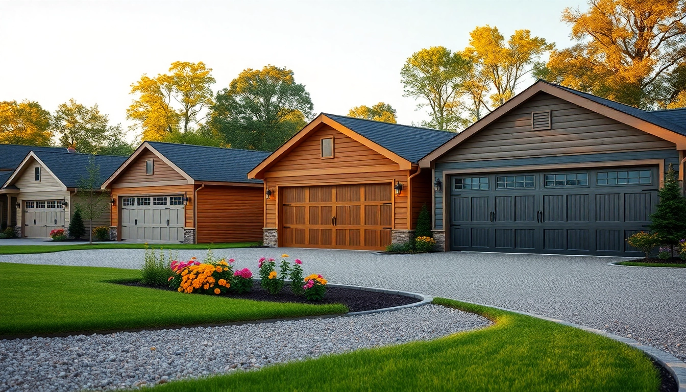View of custom built garages in a serene neighborhood with beautifully landscaped yards.