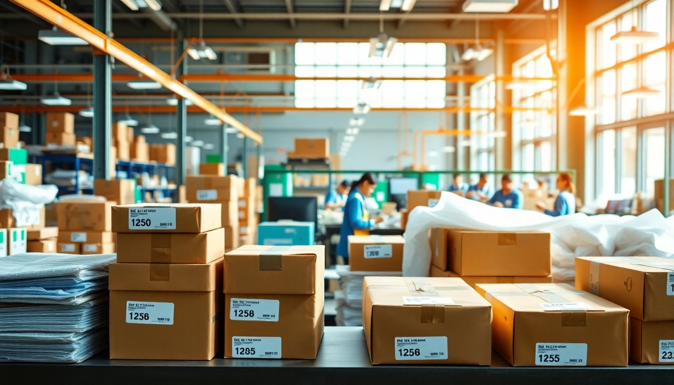 Packaging solutions displayed in a dynamic shipping center, emphasizing colorful boxes and professional workspace.