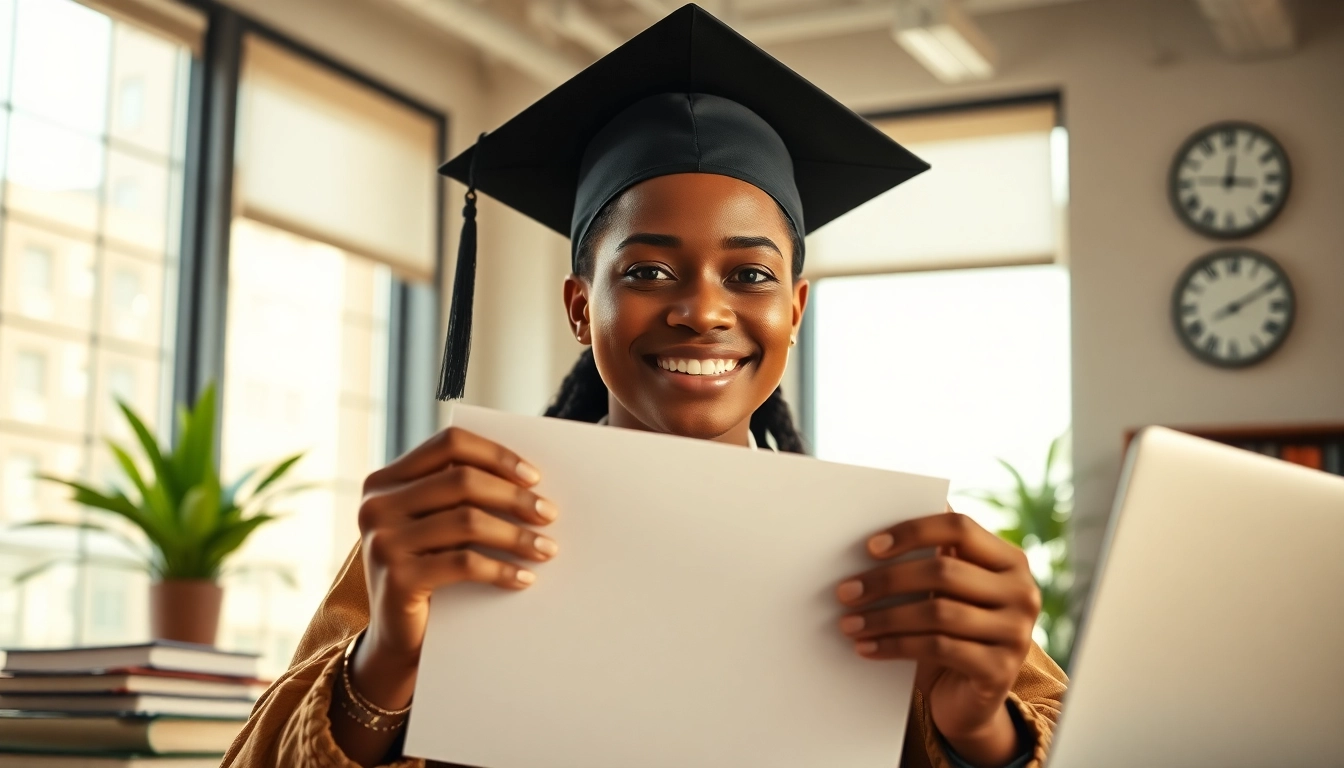 Celebrate your success with a degree for sale online, highlighting a proud graduate in a vibrant office.