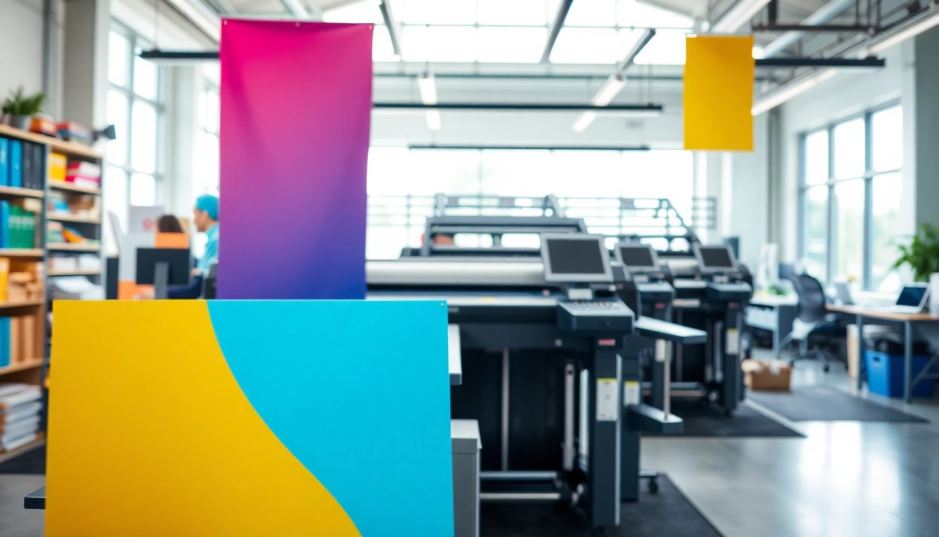 Visit an edmonton print shop showcasing vibrant banners and modern printing equipment.