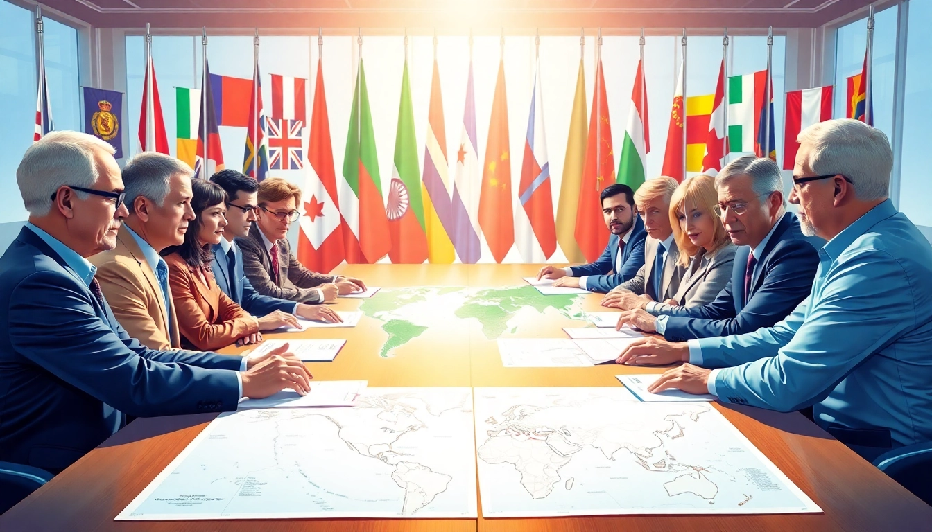 Global leaders discussing trade agreements at a negotiation table with international flags.