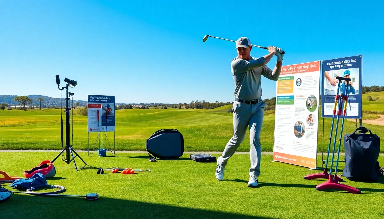 Golfer using innovative golf training aids for practice at a vibrant driving range.
