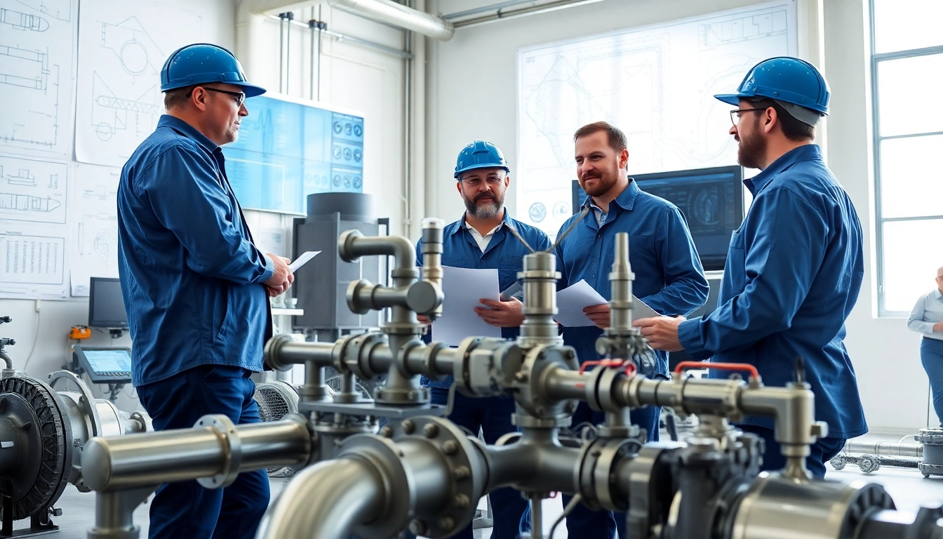 Engineers examine a sophisticated piping system at the piping stress Company, demonstrating expertise and collaboration.