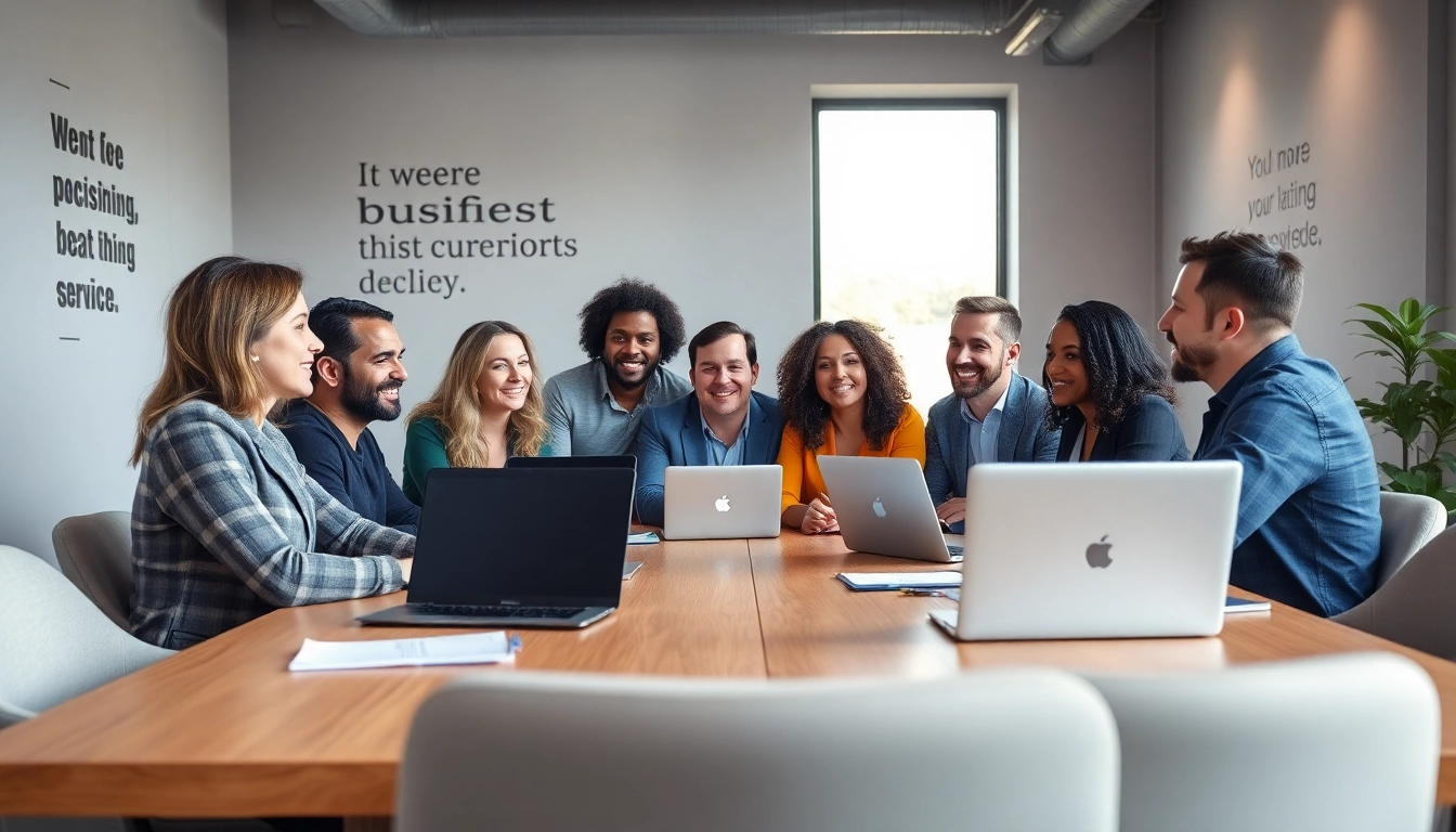 Engaging business coaching service session with diverse individuals collaborating in a modern office.