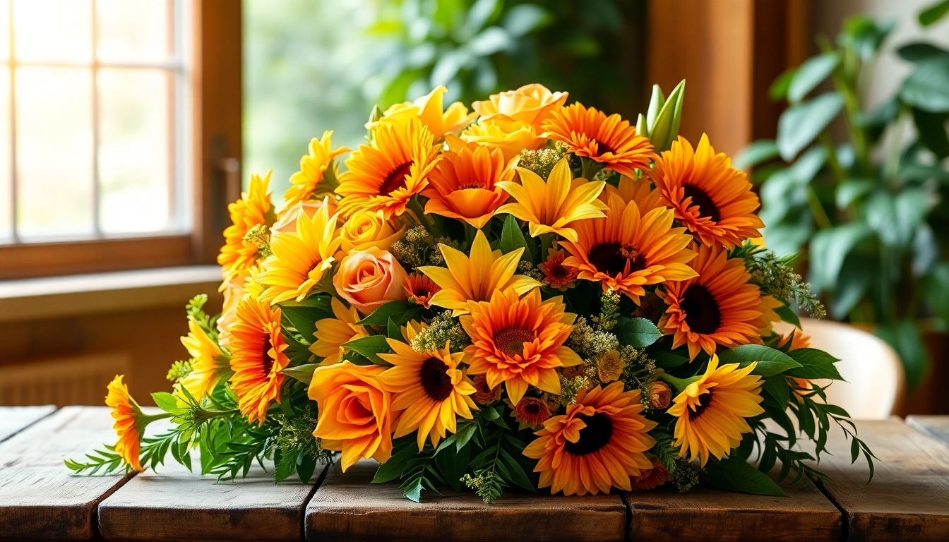 Stunning display of Orange County flowers in a vibrant arrangement on a rustic table.