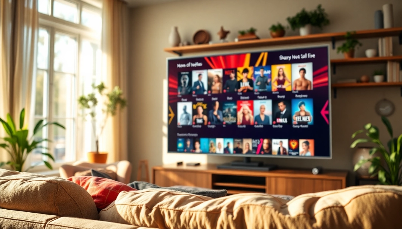 Experience a free streaming trial with a cozy living room setup showcasing vibrant shows on a modern TV.