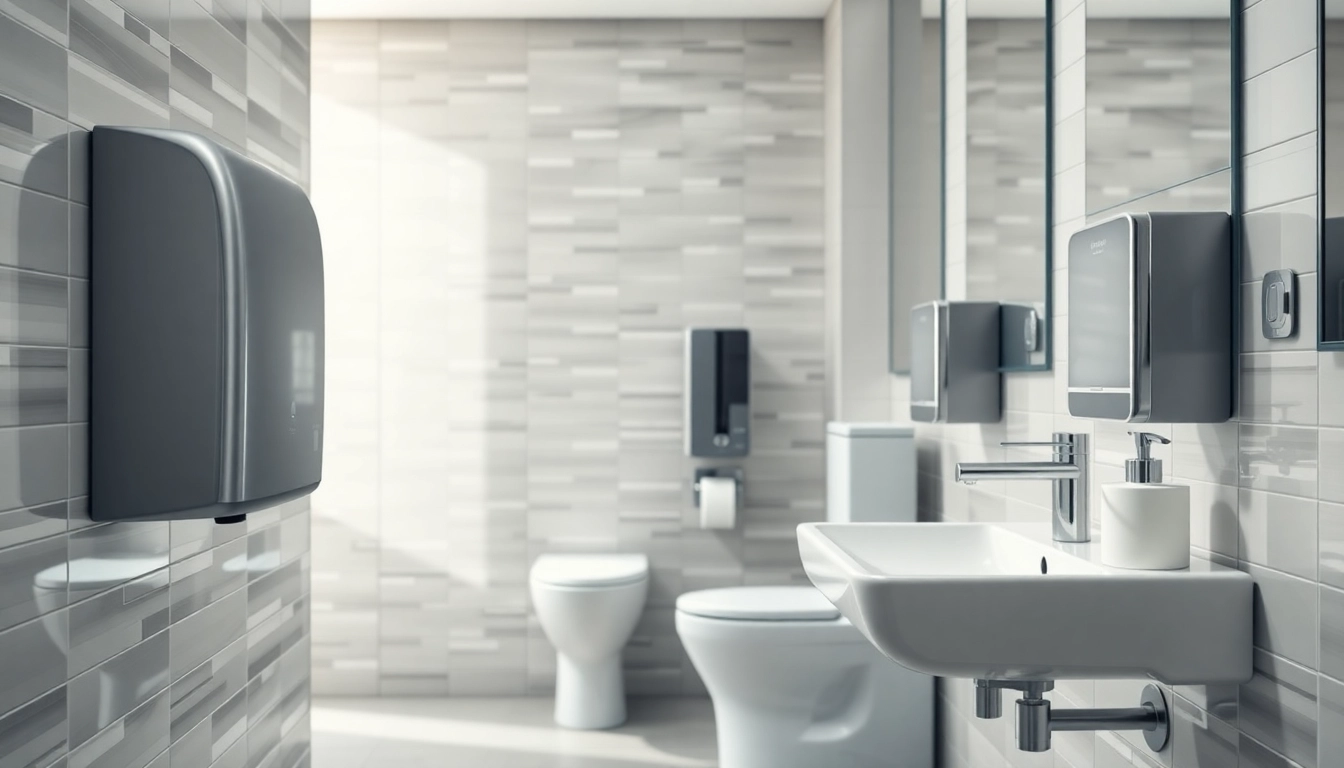 Showcasing high-quality Commercial Restroom Supplies including hand dryers and soap dispensers.