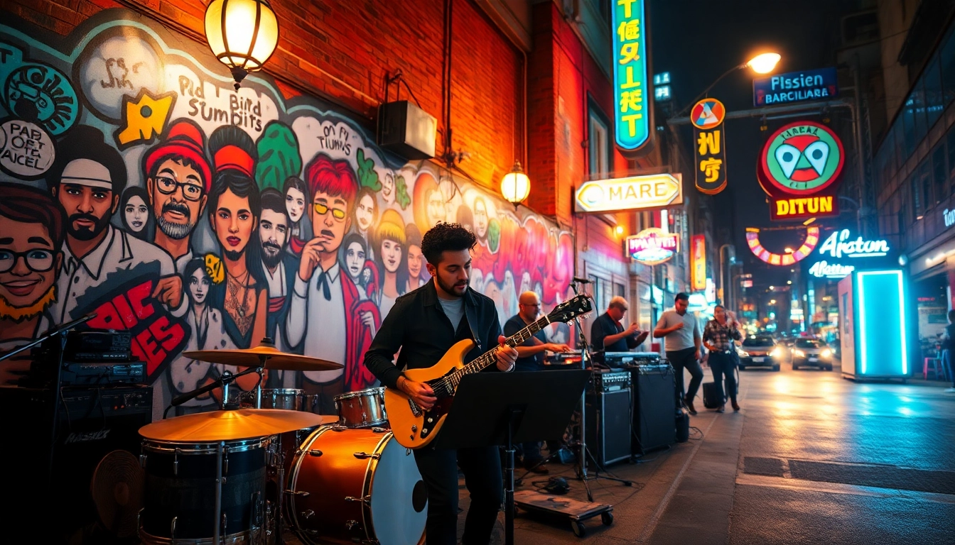 Culture celebrates diversity in music with musicians collaborating in a vibrant urban scene.