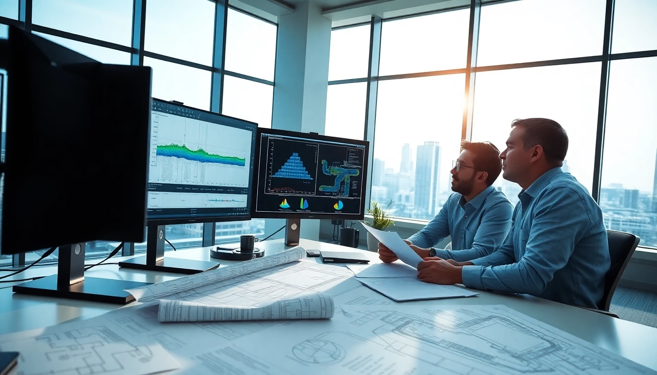 Piping stress analysis company engineers collaborating on designs and simulations in a modern office.