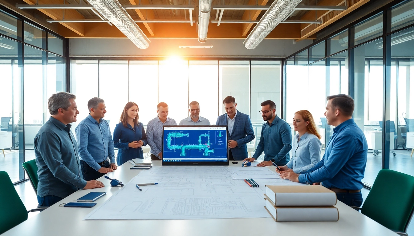 Piping stress Analysis Company team collaborating on a project in a modern office.