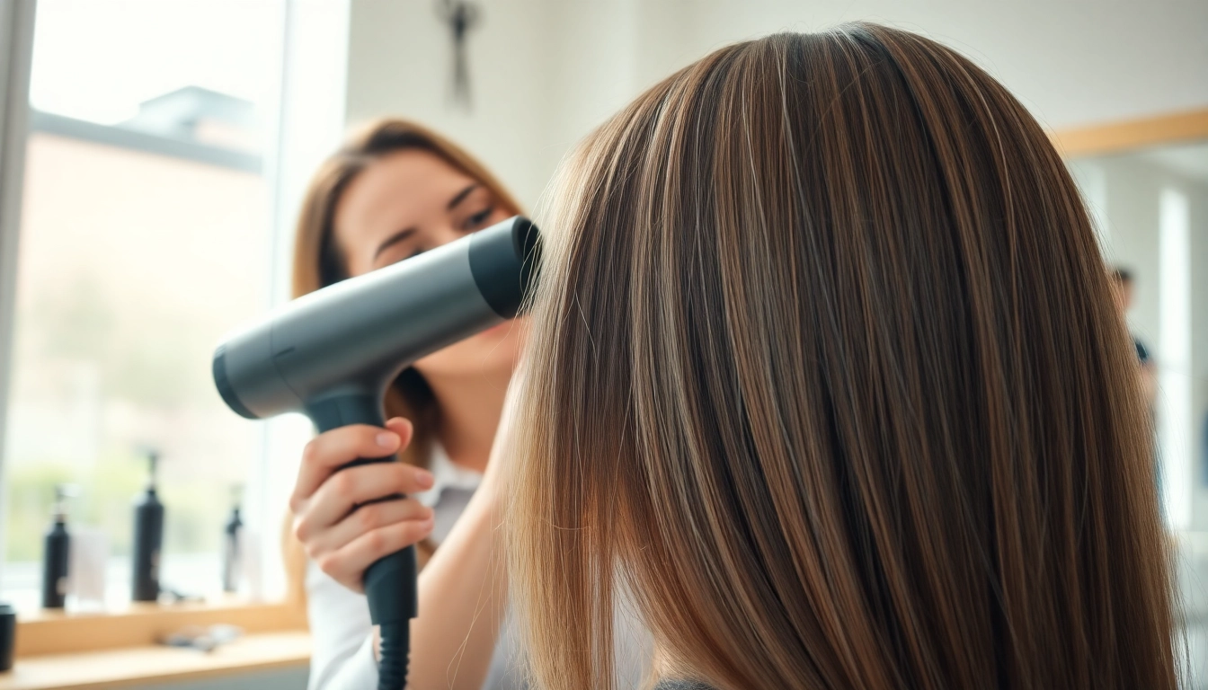 Stylist expertly using a hair dryer for fine hair, showcasing sleek strands and smooth texture.