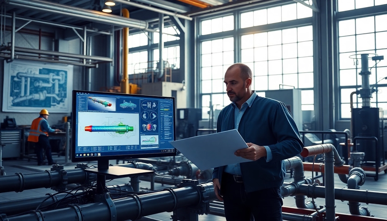 Piping stress Company professionals analyzing piping systems in a modern engineering setup.