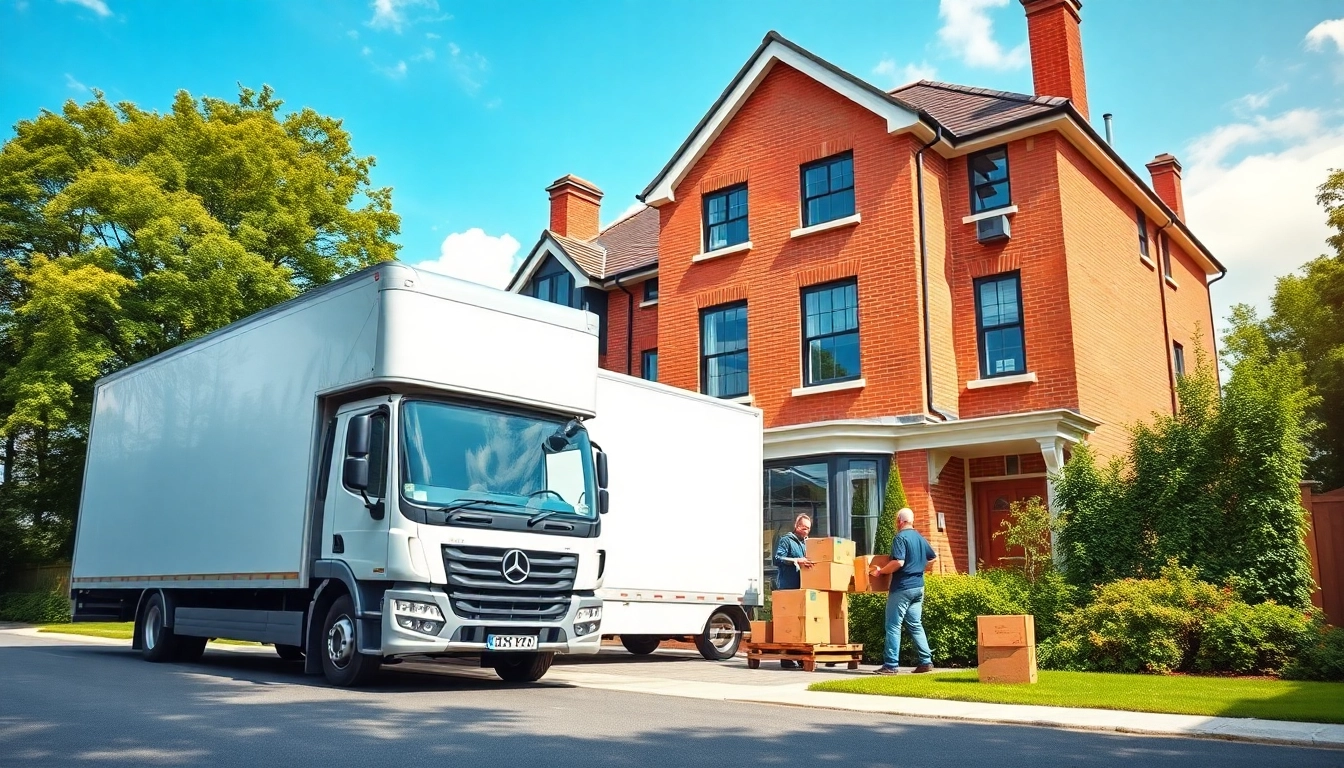 Moving companies in London efficiently loading boxes into a modern truck on a sunny day.