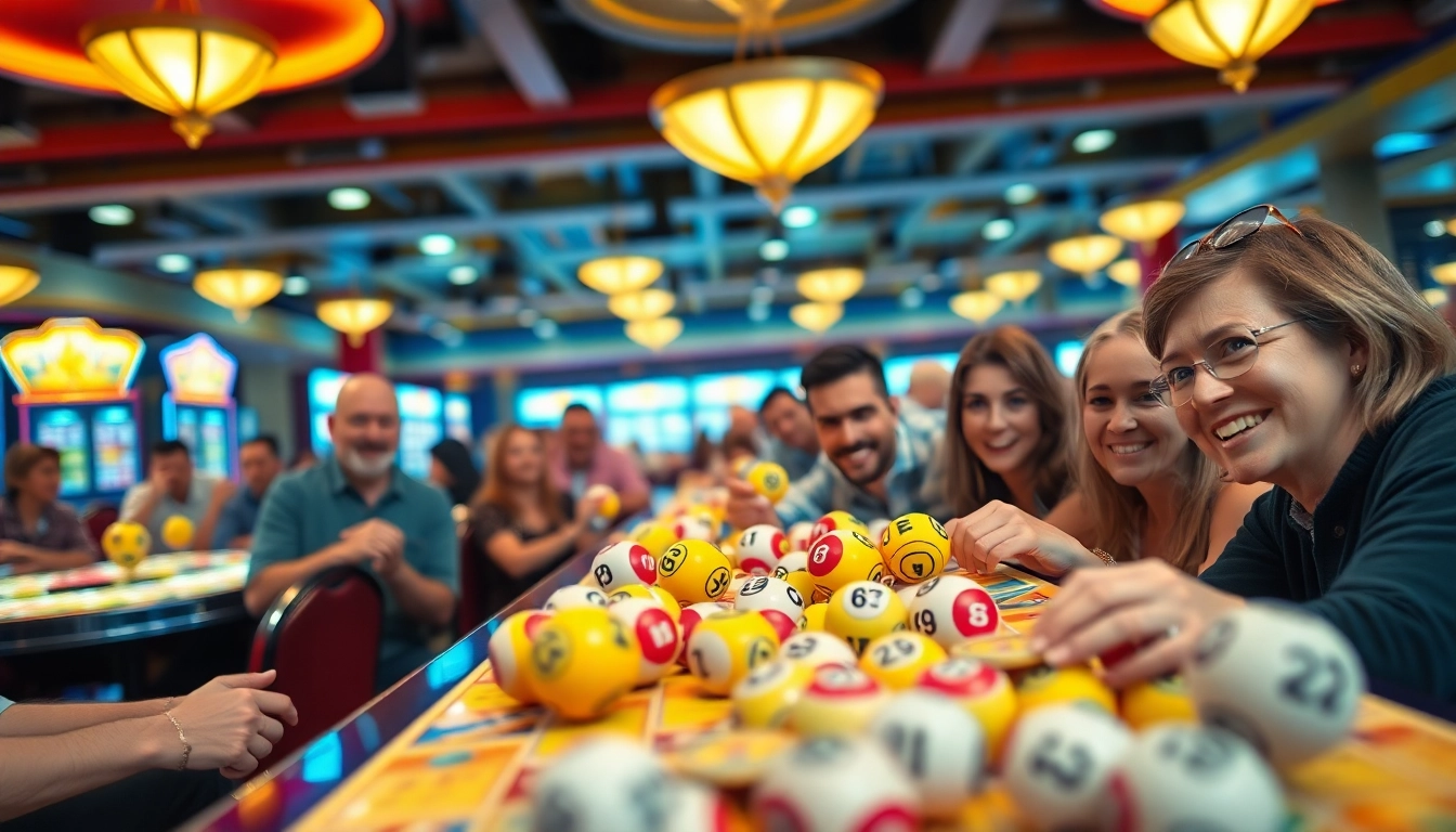 Engaged players enjoying bingo casino games in a vibrant hall, surrounded by colorful cards and excited expressions.