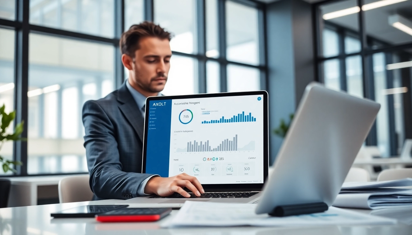 Analyze the Axolt accounts receivable management software with a focused financial consultant in a modern office.