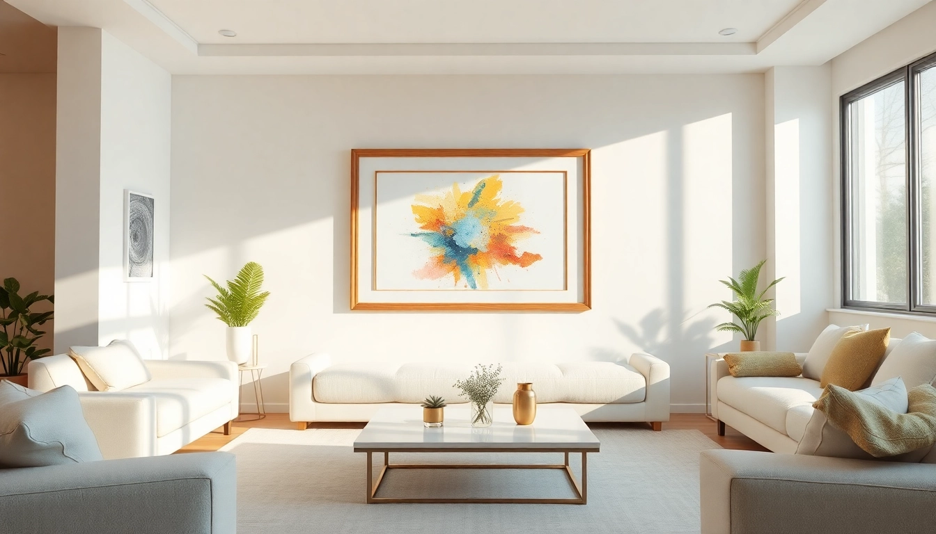 Display a 24x36 frame beautifully set in a modern living room with vibrant artwork.